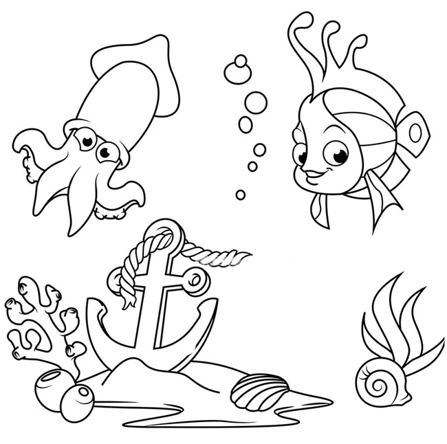 海底世界乌贼和珊瑚鱼简笔画