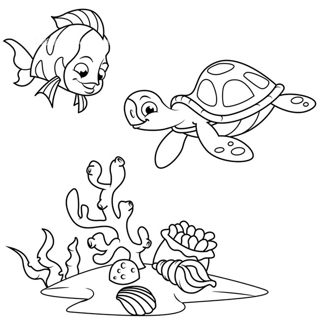 海底世界海龟和珊瑚简笔画