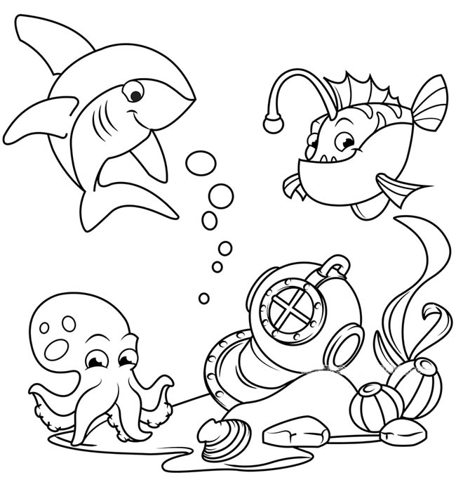 海底世界鲨鱼珊瑚鱼和章鱼简笔画