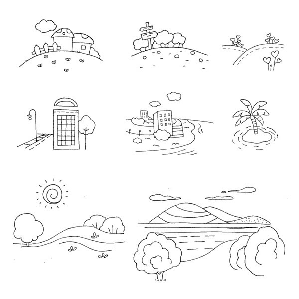 非常简单的一组风景简笔画