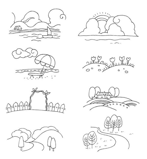非常简单的一组风景简笔画