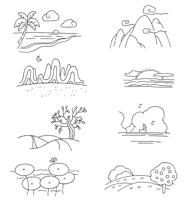 非常简单的一组风景简笔画