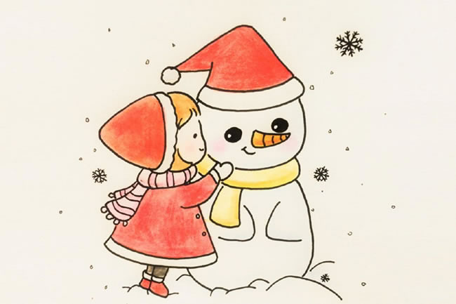 圣诞节小女孩堆雪人简笔画