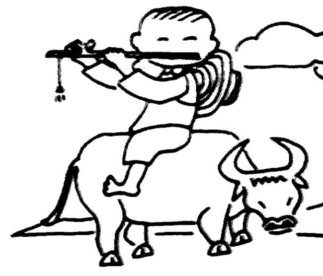 牧童骑牛吹笛的清明节简笔画