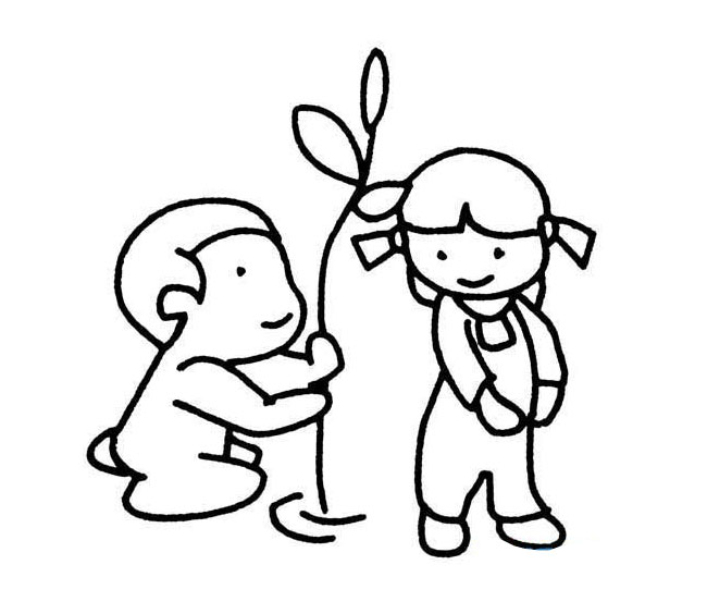 一起植树的小朋友简笔画