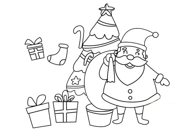 圣诞老人和很多礼物的简笔画