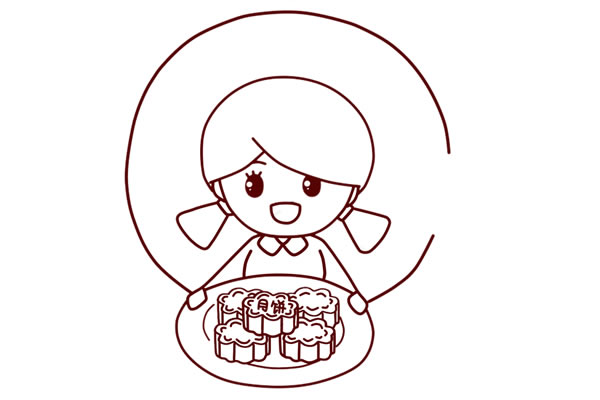 中秋节端着月饼的小女孩简笔画