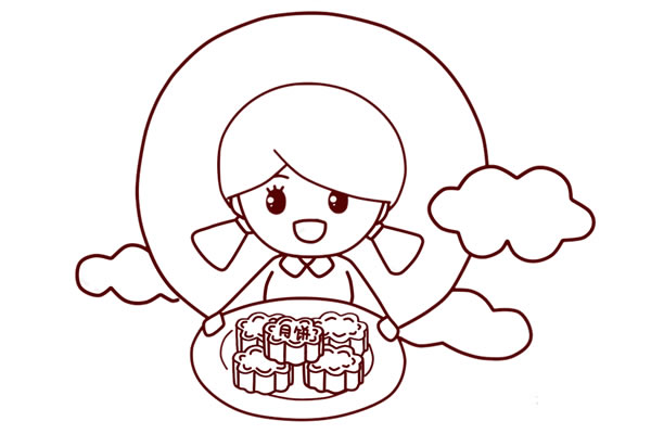 中秋节端着月饼的小女孩简笔画