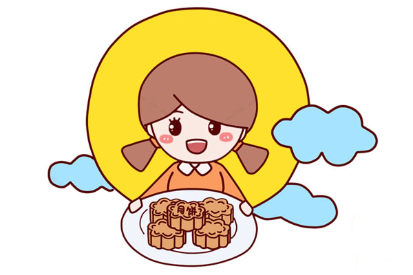 中秋节端着月饼的小女孩简笔画