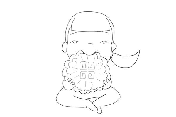 中秋节吃月饼的小女孩简笔画