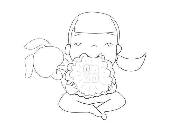 中秋节吃月饼的小女孩简笔画