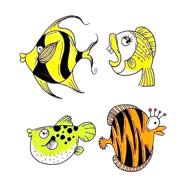 一组彩色的深海鱼简笔画大全