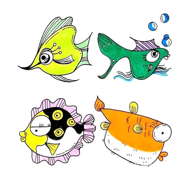 一组彩色的深海鱼简笔画大全