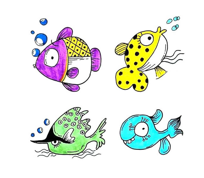 一组彩色的深海鱼简笔画大全