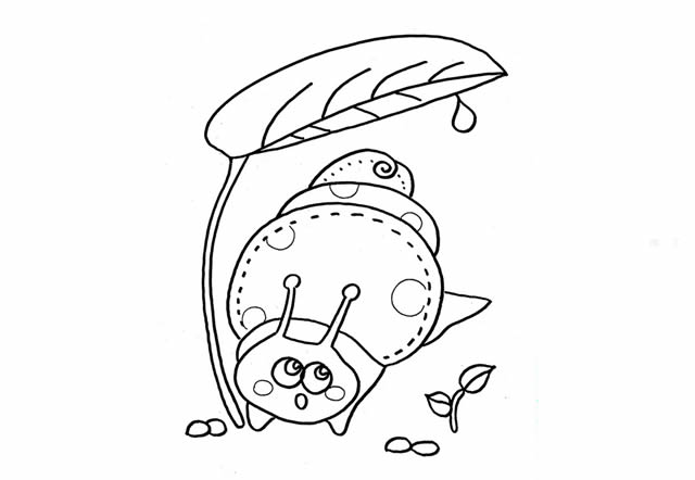 树叶下的卡通蜗牛简笔画