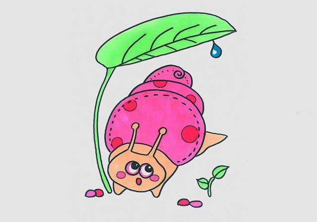 树叶下的卡通蜗牛简笔画