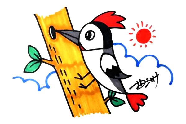 森林医生啄木鸟简笔画教程