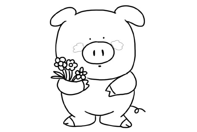 拿着花的可爱小猪简笔画