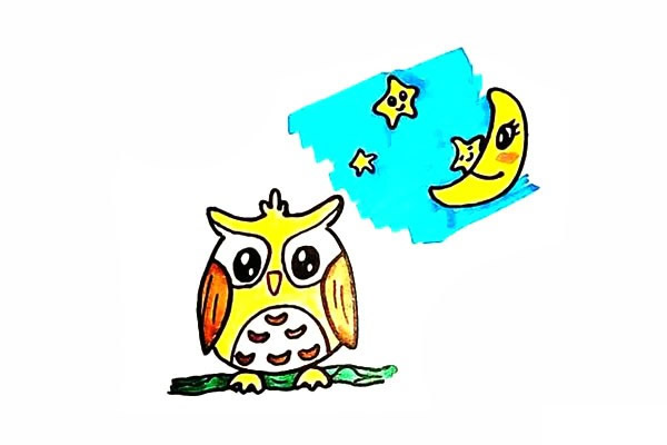 月光下的猫头鹰简笔画步骤