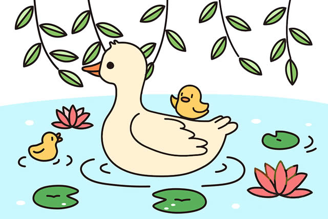 池塘里鸭妈妈和鸭宝宝的简笔画