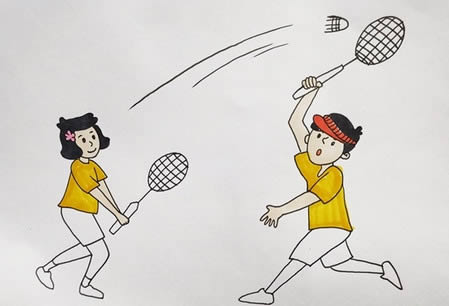 两个人在打羽毛球的简笔画